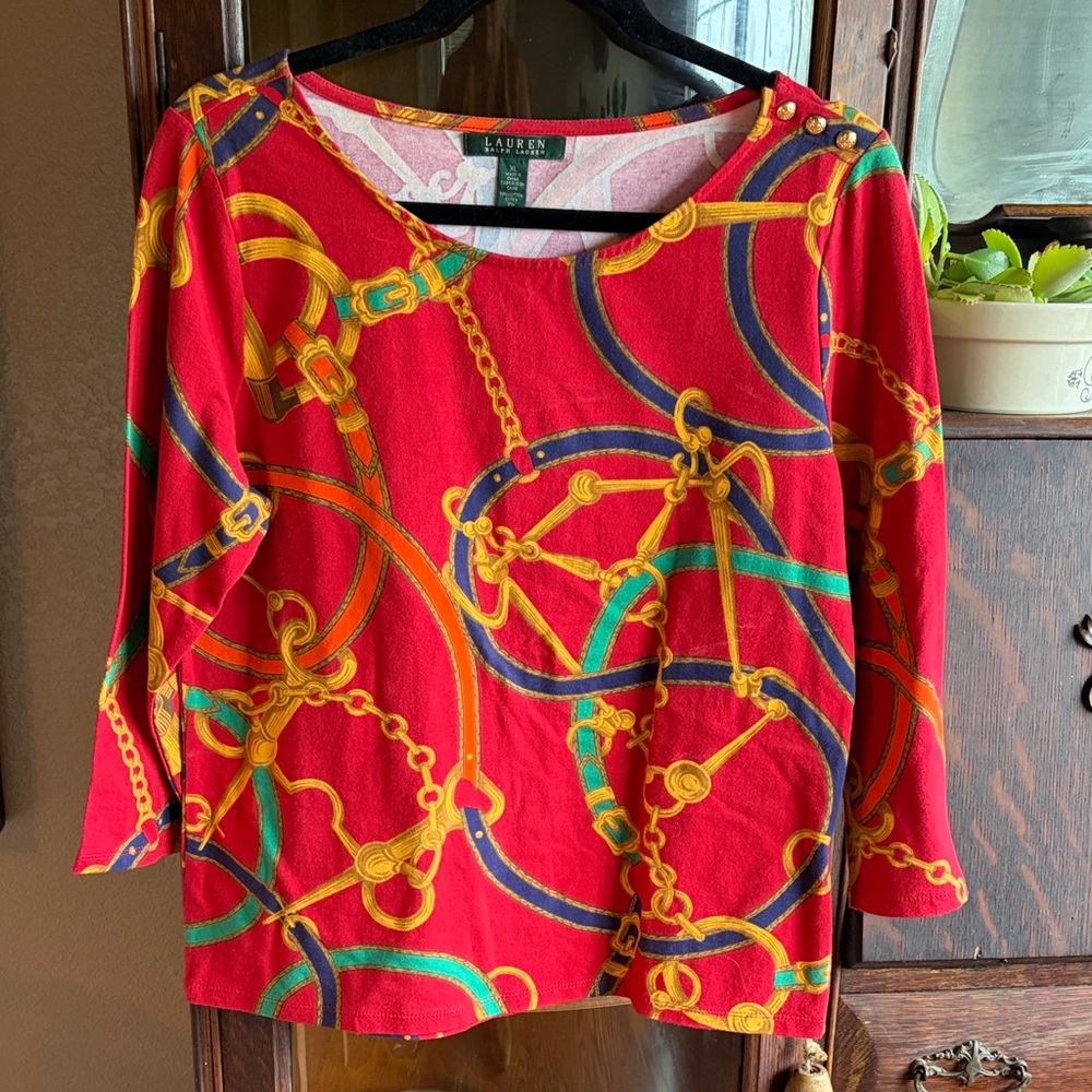 Lauren Ralph Lauren Red 3/4 sleeve Chain Print Top size CL